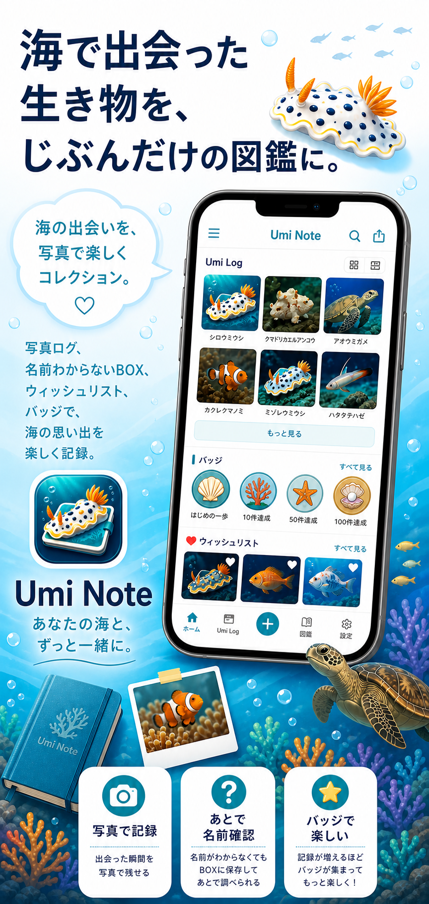 海で出会った生き物を、じぶんだけの図鑑に。Umi NoteのLPビジュアル